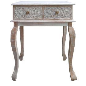 2 Drawer Mango Wood Console Table with Floral Carved Front, Brown and White - as Pic