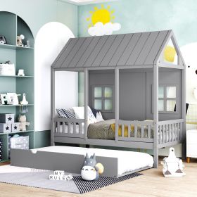 Twin Size Wood House Bed With Twin Size Trundle, Wooden Daybed, - Gray