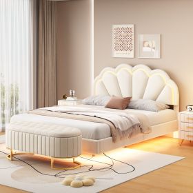 2-Pieces Bedroom Sets,Queen Size Upholstered LED Platform Bed with Storage Ottoman-Velvet - Beige