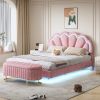 2-Pieces Bedroom Sets,Queen Size Upholstered LED Platform Bed with Storage Ottoman-Velvet - Pink