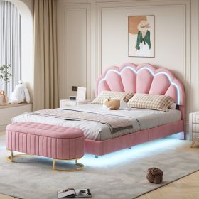 2-Pieces Bedroom Sets,Queen Size Upholstered LED Platform Bed with Storage Ottoman-Velvet - Pink