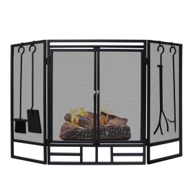 48.5"x 31"Iron Three-Panel Folding Fireplace Screen with 4 Pieces Fireplace Tools Set,Black