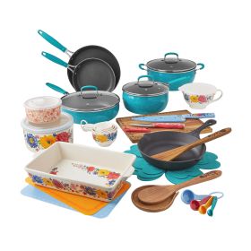 Brilliant Blooms 38-Piece Cookware Set, Teal - teal