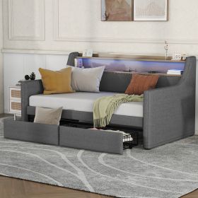 Twin Size Daybed with Storage Drawers, Upholstered Daybed with Charging Station and LED Lights, Gray (Expect arrive date: Jan 18th, 2024) - as Pic