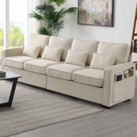 104" 4-Seater Modern Linen Fabric Sofa with Armrest Pockets and 4 Pillows,Minimalist Style Couch for Living Room, Apartment, Office,3 Colors  - Beige