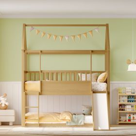House Bunk Bed with Convertible Slide and Ladder, Floor Bunk Bed Twin Over Twin with Safety Guardrail