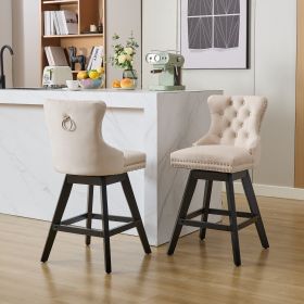 Swivel Velvet Barstools with Button Tufted Decoration and Wooden Legs, and Chrome Nailhead Trim, Leisure Style Bar Chairs,Bar stools, Set of 2 (Beige)