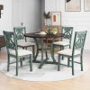 5-Piece Round Dining Table and 4 Fabric Chairs with Special-shaped Table Legs and Storage Shelf - Antique Blue