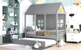 Twin Size Wood House Bed With Twin Size Trundle, Wooden Daybed, - Gray