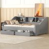 Twin to King Size Daybed Frame with Storage Bookcases and Two Drawers,Charging Design,Gray - as Pic