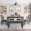 Dining Room Table and Chairs with Bench, Rustic Wood Dining Set, Set of 6 (Gray) - Gray