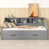 Twin to King Size Daybed Frame with Storage Bookcases and Two Drawers,Charging Design,Gray - as Pic