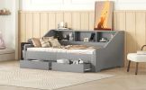 Twin to King Size Daybed Frame with Storage Bookcases and Two Drawers,Charging Design,Gray - as Pic