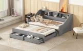 Twin to King Size Daybed Frame with Storage Bookcases and Two Drawers,Charging Design,Gray - as Pic