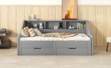 Twin to King Size Daybed Frame with Storage Bookcases and Two Drawers,Charging Design,Gray - as Pic
