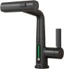 Pull-Out Lift LED Temperature Digital Display Bathroom Basin Faucet, Single Handle 360° Rotatable Waterfall 3-in-1 Basin Tap with Adjustable Height -