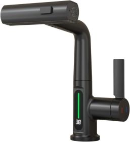 Pull-Out Lift LED Temperature Digital Display Bathroom Basin Faucet, Single Handle 360° Rotatable Waterfall 3-in-1 Basin Tap with Adjustable Height - (Color: as Pic)