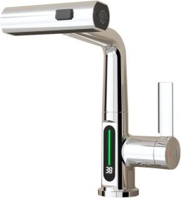 Pull-Out Lift LED Temperature Digital Display Bathroom Basin Faucet (Color: as Pic)
