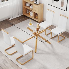 A table with four chairs. Glass dining table with 0.39 "tempered glass tabletop and wooden metal legs. PU leather high backrest cushioned side chair w (Color: as Pic)